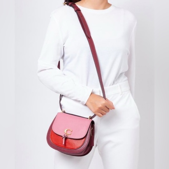 Coach Remi Pebbled Leather Saddle Bag in Pink Red Colorblock Crossbody Purse - Picture 1 of 12